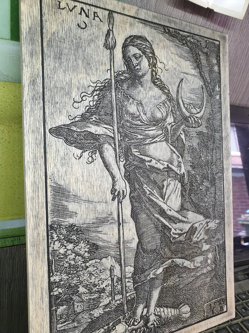 Moon goddess wall decor, Home Decor WOOD ENGRAVING reproduction (1605) - NOT a print, Selene Wicca Goddess, Luna wall decor. - Forgotten Engravings moon-goddess-wall-decor-home-decor-wood-eng