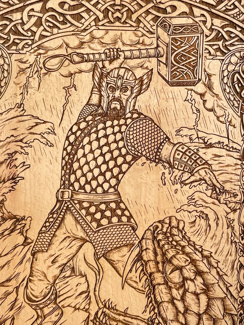 Thor fighting the MIDGARD SERPENT with his hammer Mjolnir, Norse Mythology Wall Hanging, viking art, norse mythology, norse pagan, wood wall. art. - Forgotten Engravings thor-fighting-the-mid