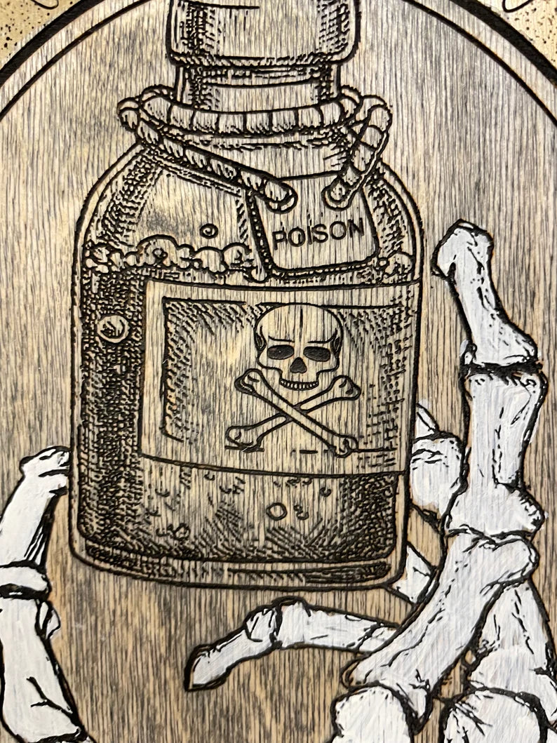 Gothic bar sign decor, Pick your poison wall decor , SKELETON ART, Wood engraving. Not a print. - Forgotten Engravings gothic-bar-sign-decor-pick-your-poison-wall-decor-skeleton-art-wood-engr