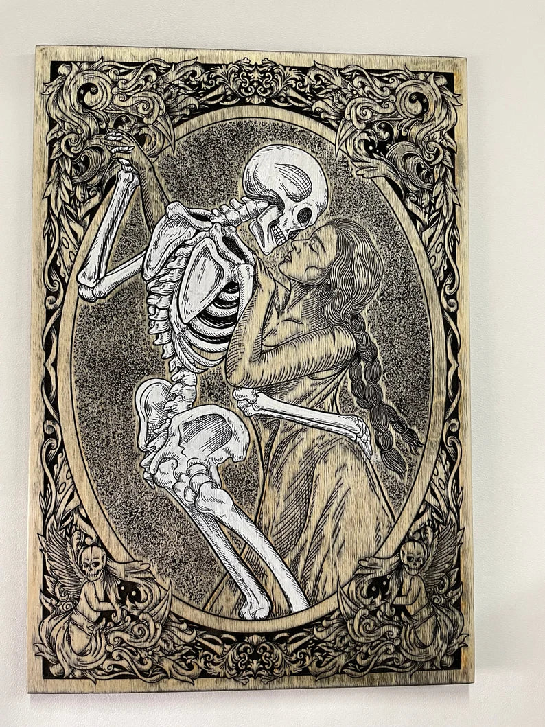 Gothic decor, Dancing with death wall decor, SKELETON ART, Wood engraving. Not a print. - Forgotten Engravings gothic-decor-dancing-with-death-wall-decor-skeleton-art-wood-engraving-not-a-pri