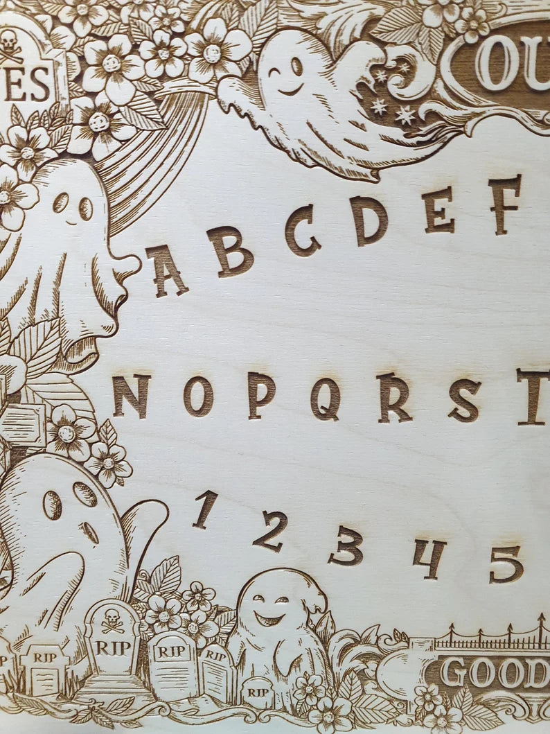 Ouija board Cute ghost, Spirit game with cute ghost and floral design, engraved wooden board, Halloween gift, cute ghost decor.