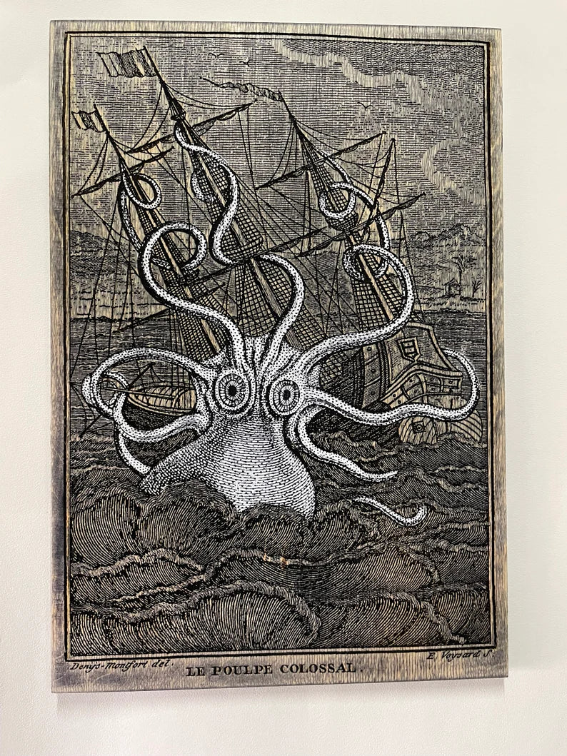 Kraken Giant octopus art,octopus attack, Le Poulpe Colossal Reproduction engraving (1801),Vintage Octopus engraved on wood and hand painted. - Forgotten Engravings kraken-giant-octopus-art-oc