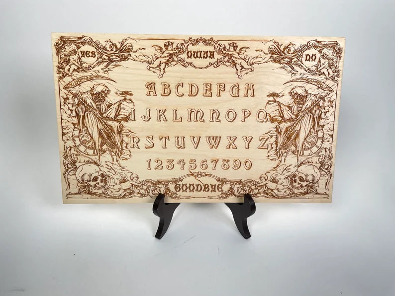 Ouija board wood with Grim Reaper theme wooden engraving, wood memento mori spirit board - Forgotten Engravings ouija-board-wood-with-grim-reaper-theme-wooden-engraving-wood-memento-mori-spir