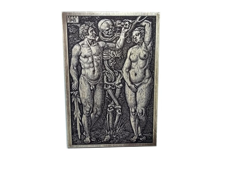 Gothic wall art, Adam and Eve with Death tempting gothic decor, skeleton art, Gothic home decor, engraved and hand painted on wood. - Forgotten Engravings gothic-wall-art-adam-and-eve-with-de