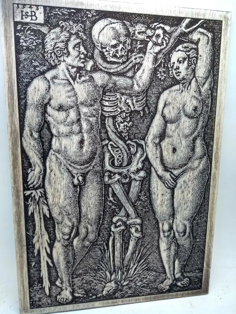 Gothic wall art, Adam and Eve with Death tempting gothic decor, skeleton art, Gothic home decor, engraved and hand painted on wood. - Forgotten Engravings gothic-wall-art-adam-and-eve-with-de