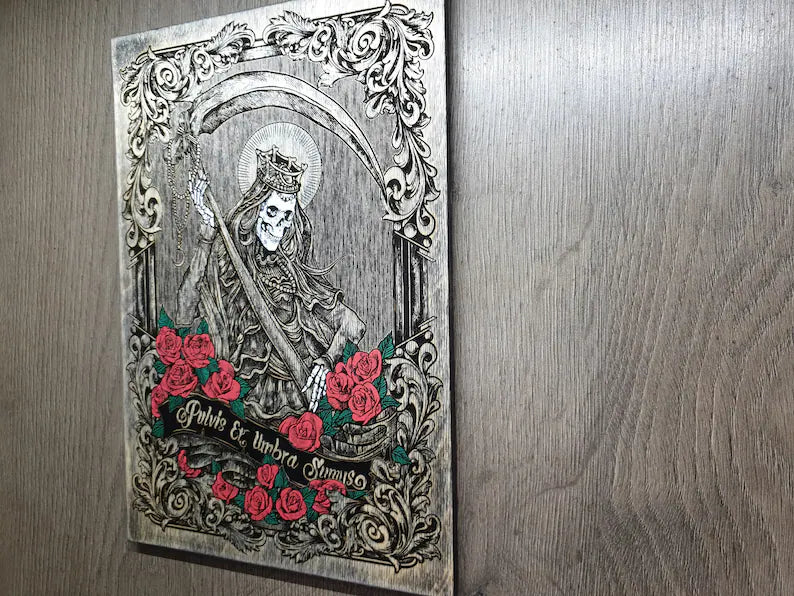Santa Muerte art engraved on wood, Dia de los Muertos, Pulvis et umbra sumus, gothic home decor, Santa Muerte, gothic art. - Forgotten Engravings santa-muerte-art-engraved-on-wood-dia-de-los-