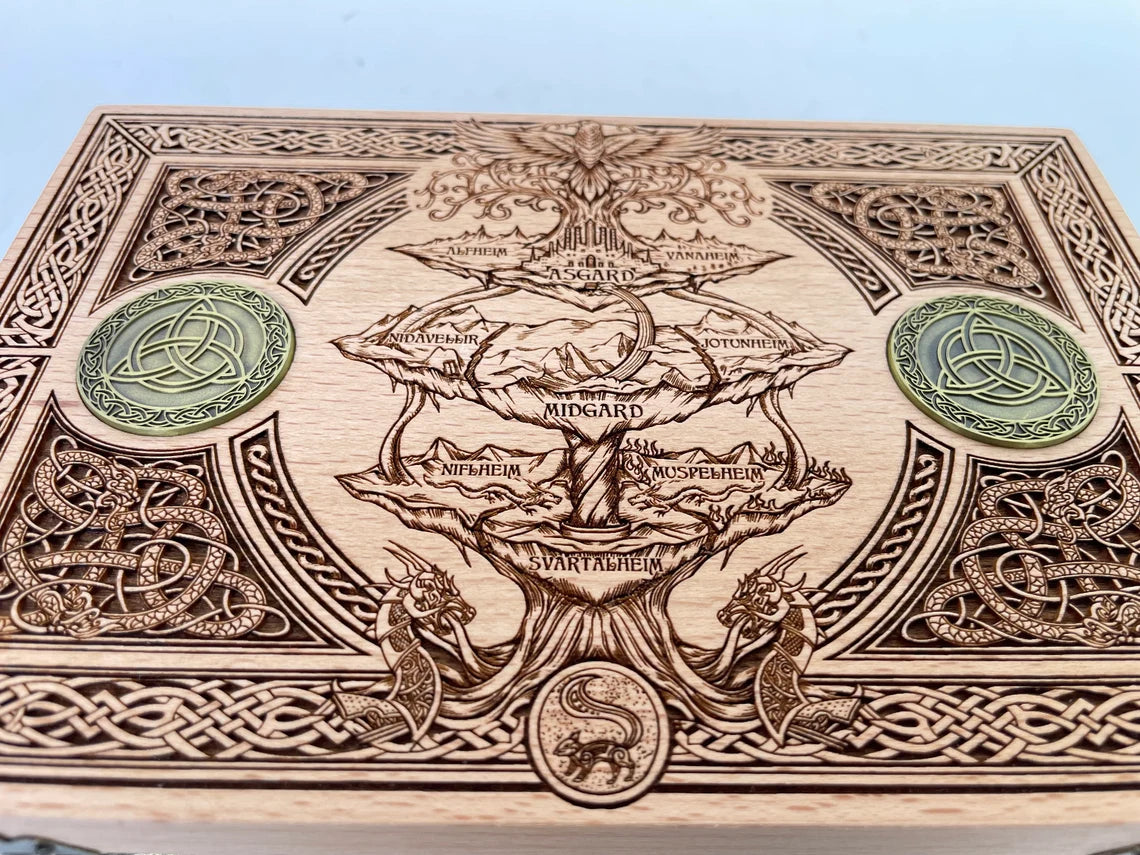 Original altar viking Yggdrasil and the nine realms viking box Tree of life, jewelry norse mythology box viking gift made of solid wood.