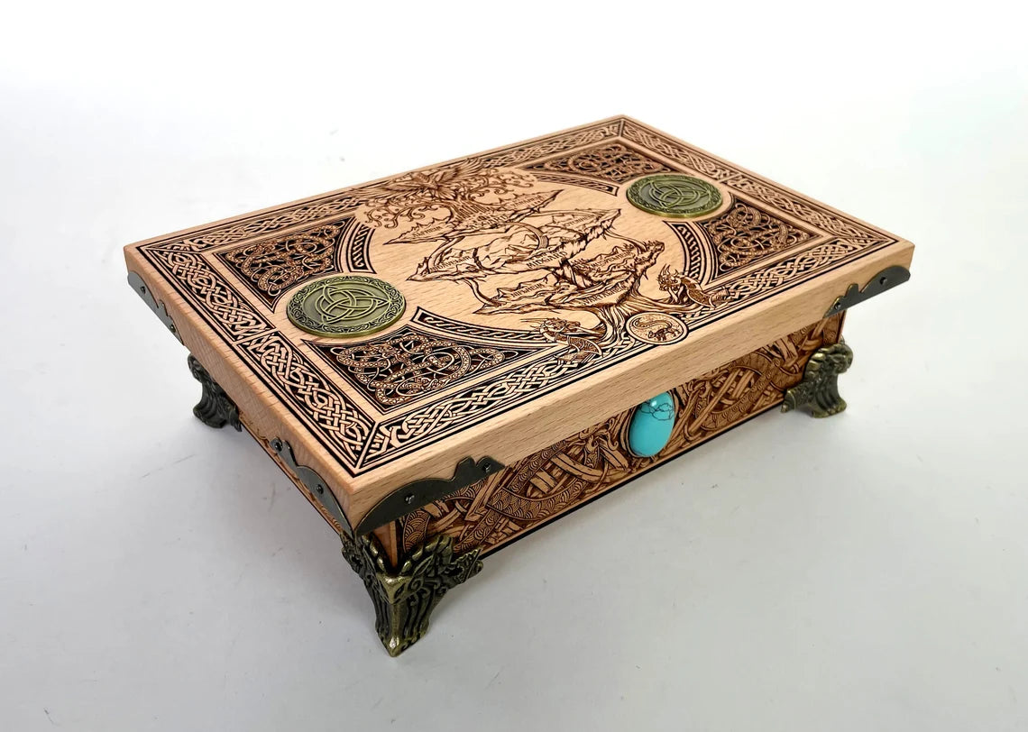 Original altar viking Yggdrasil and the nine realms viking box Tree of life, jewelry norse mythology box viking gift made of solid wood.