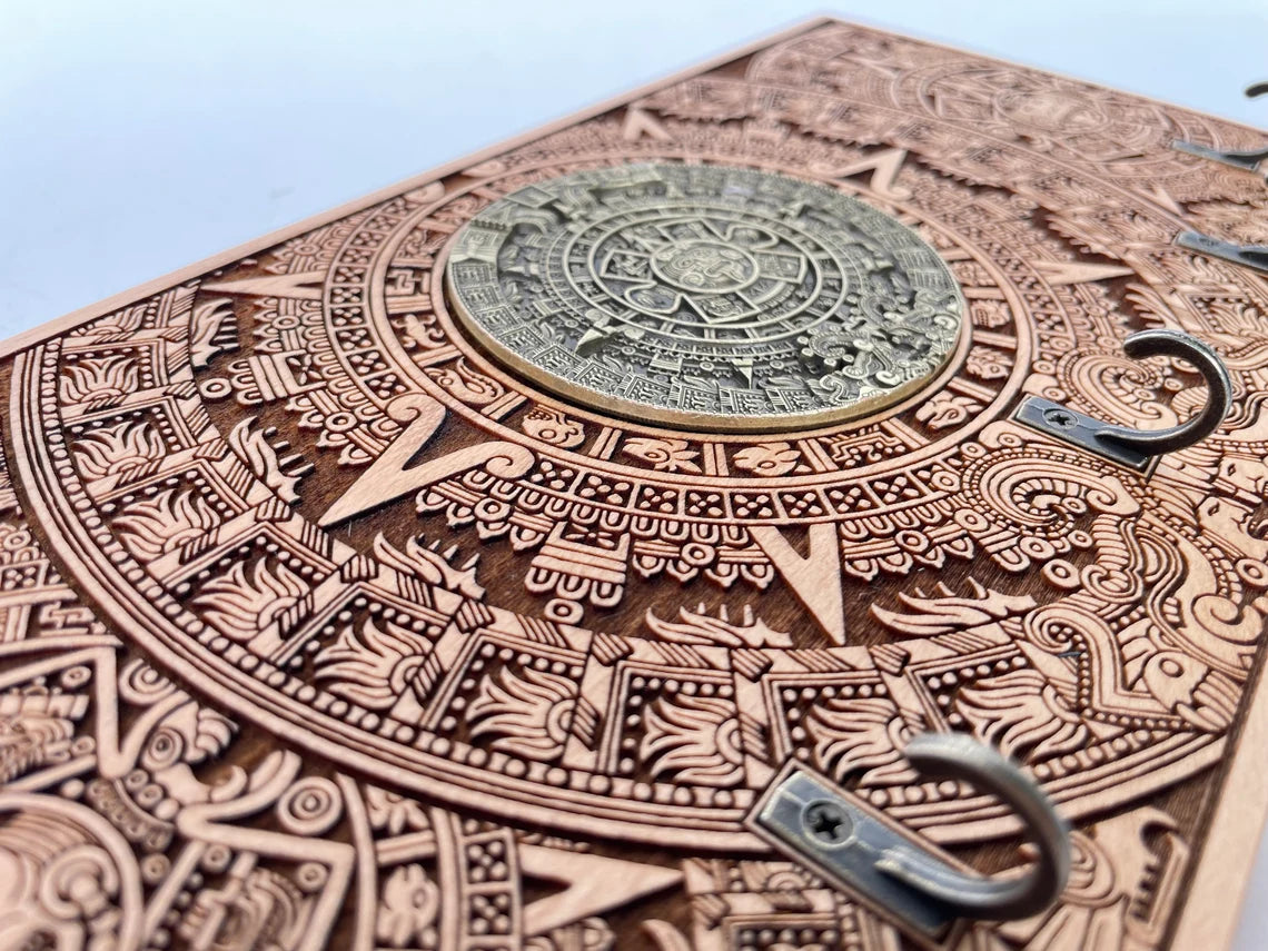 Mayan calendar, key holder for wall Wood engraving, welcome sign, Aztec calendar Sun, housewarming gift, Mayan art, Not a print! - Forgotten Engravings