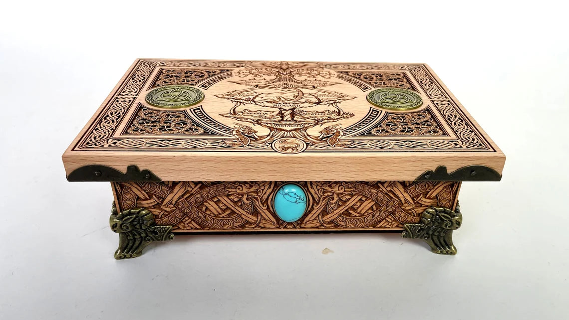 Original altar viking Yggdrasil and the nine realms viking box Tree of life, jewelry norse mythology box viking gift made of solid wood.