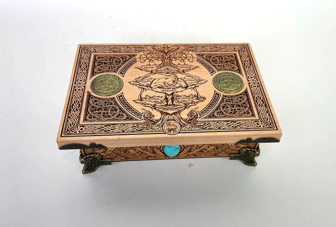 Original altar viking Yggdrasil and the nine realms viking box Tree of life, jewelry norse mythology box viking gift made of solid wood.