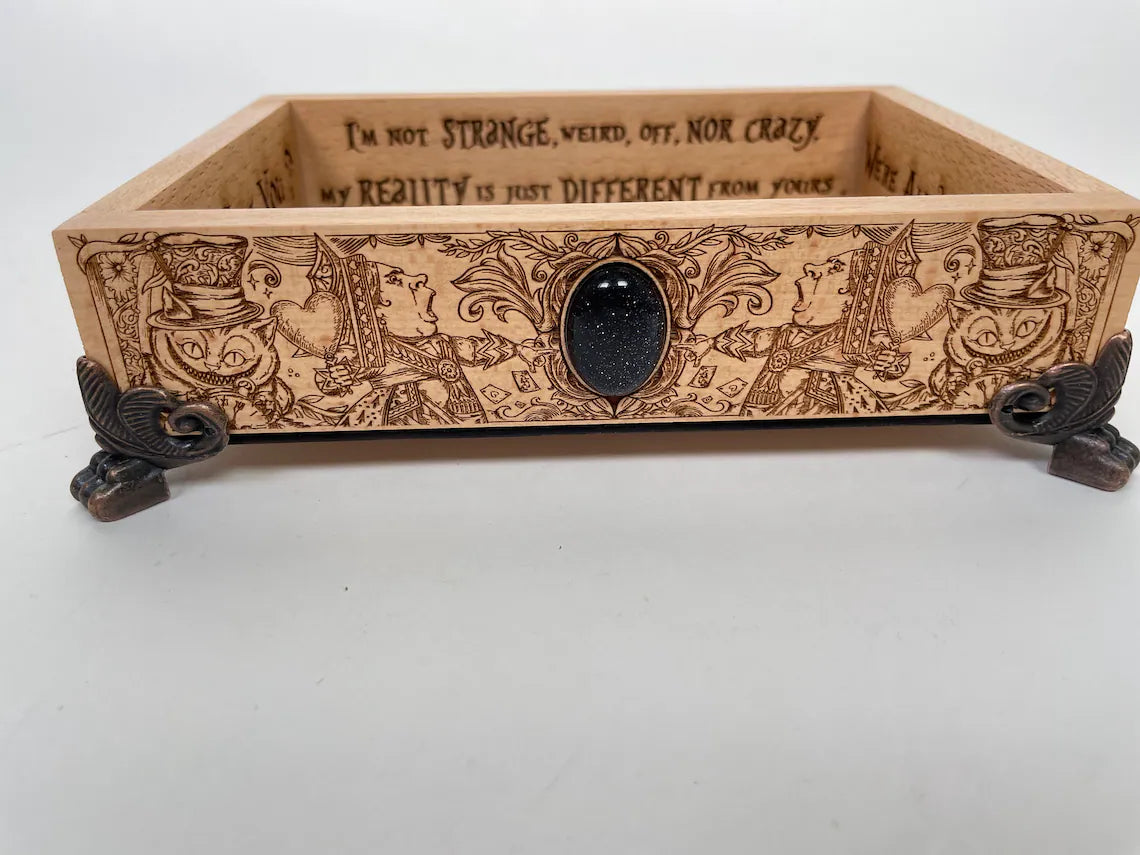Alice in wonderland small valet tray, gift, Lewis Carroll valet tray of solid wood, the Cheshire Cat, the Caterpillar, and the White Rabbit. - Forgotten Engravings alice-in-wonderland-small-v