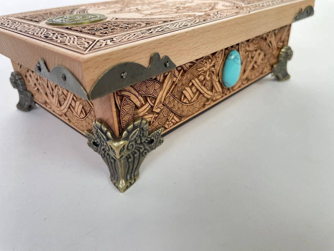 Original altar viking Yggdrasil and the nine realms viking box Tree of life, jewelry norse mythology box viking gift made of solid wood.