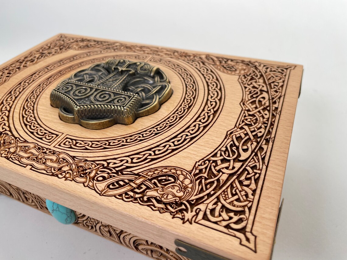 Valhalla viking box, jewelry Mjolnir hammer viking gift made solid wood, Thor crystal tarot box wood viking art, Norse mythology Vegvisir. - Forgotten Engravings valhalla-viking-box-jewelry-m
