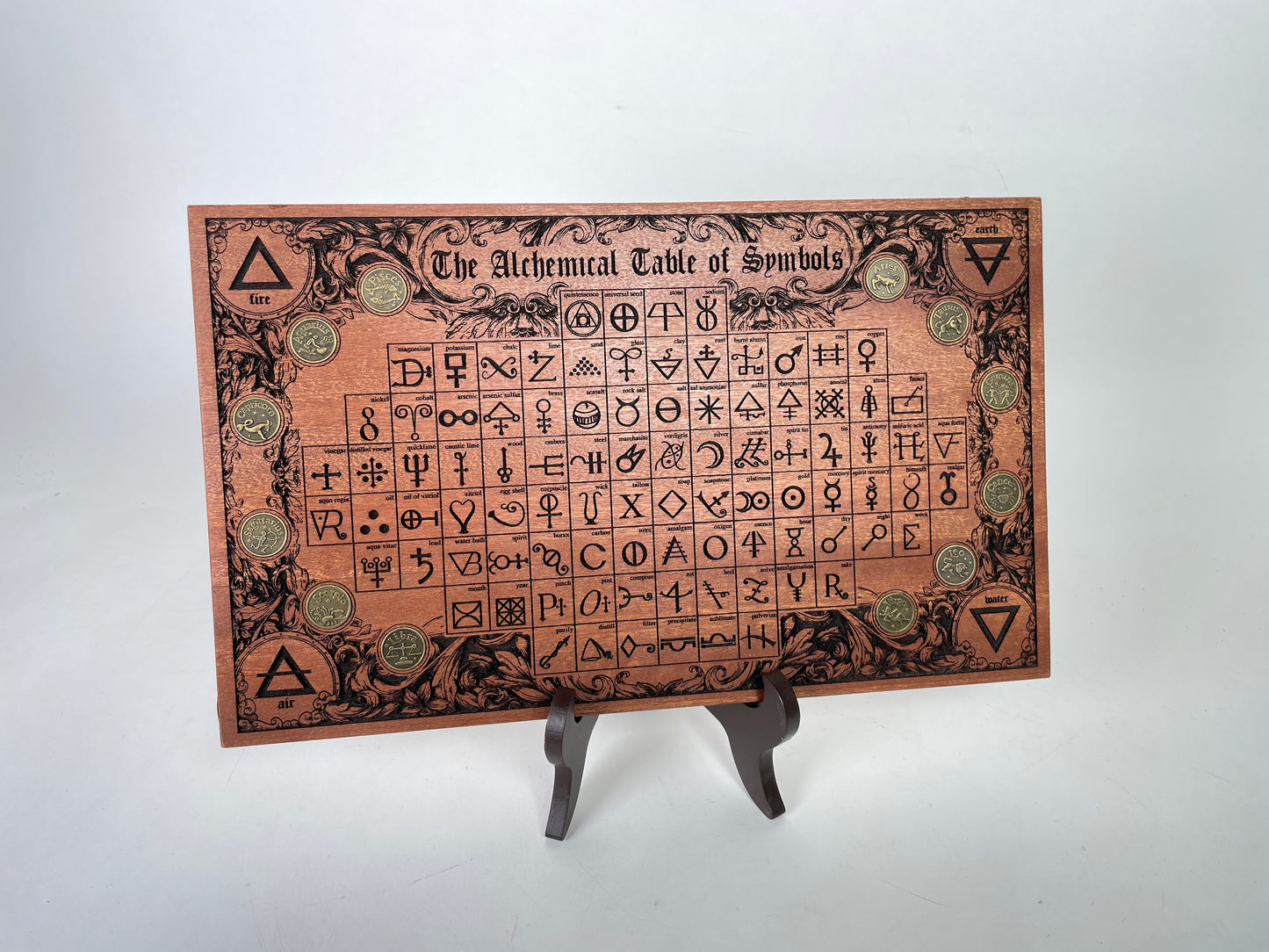 Alchemical table of symbols engraved in mahogany wood