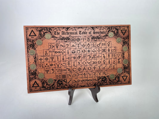 Alchemical table of symbols engraved in mahogany wood