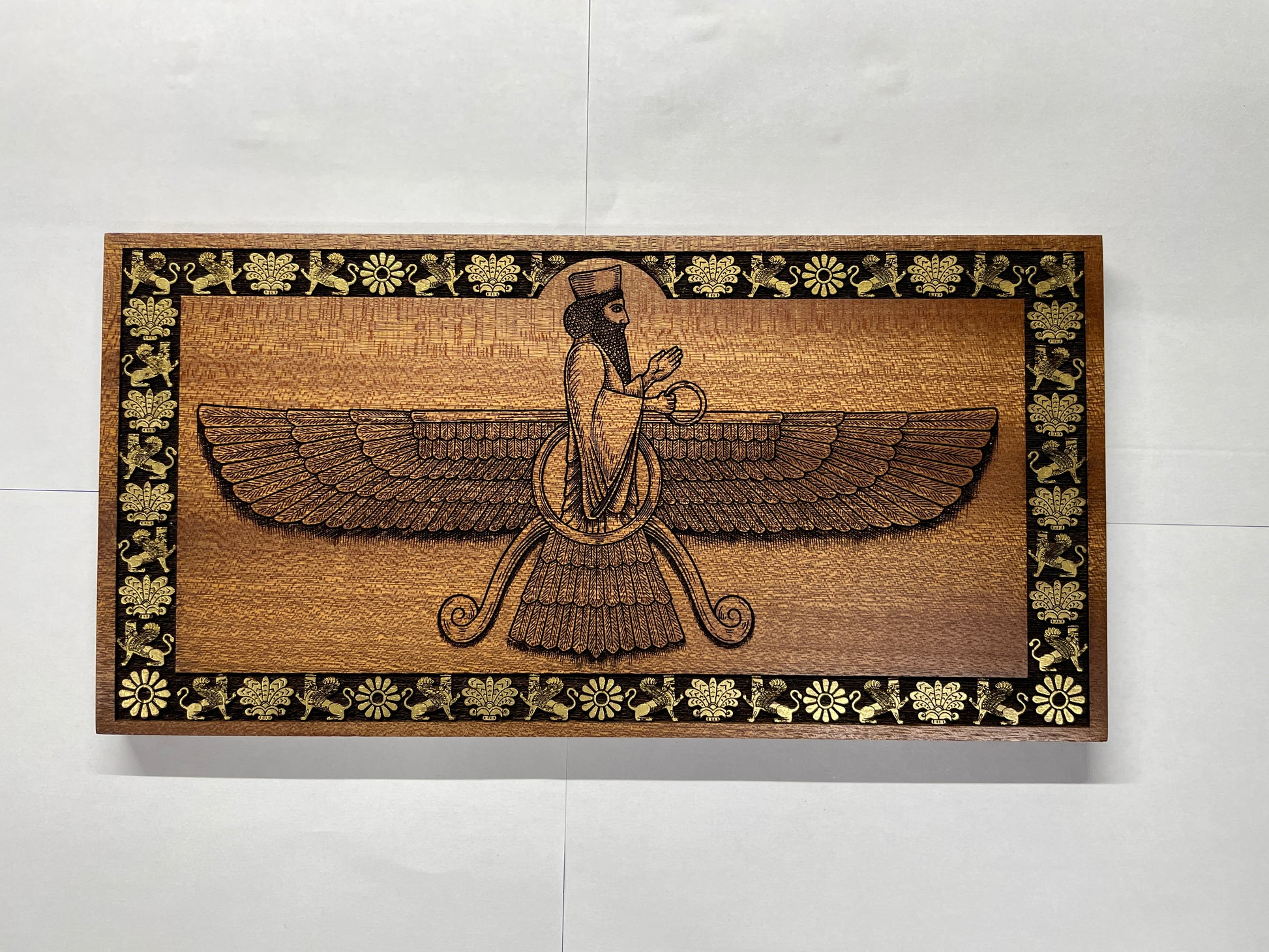 Ahura Mazda Faravahar wall art engraved in solid mahogany wood, Zoroastrian Persian symbol with hand painted details, handmade spiritual wall decor

