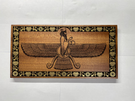Ahura Mazda Faravahar wall art engraved in solid mahogany wood, Zoroastrian Persian symbol with hand painted details, handmade spiritual wall decor
