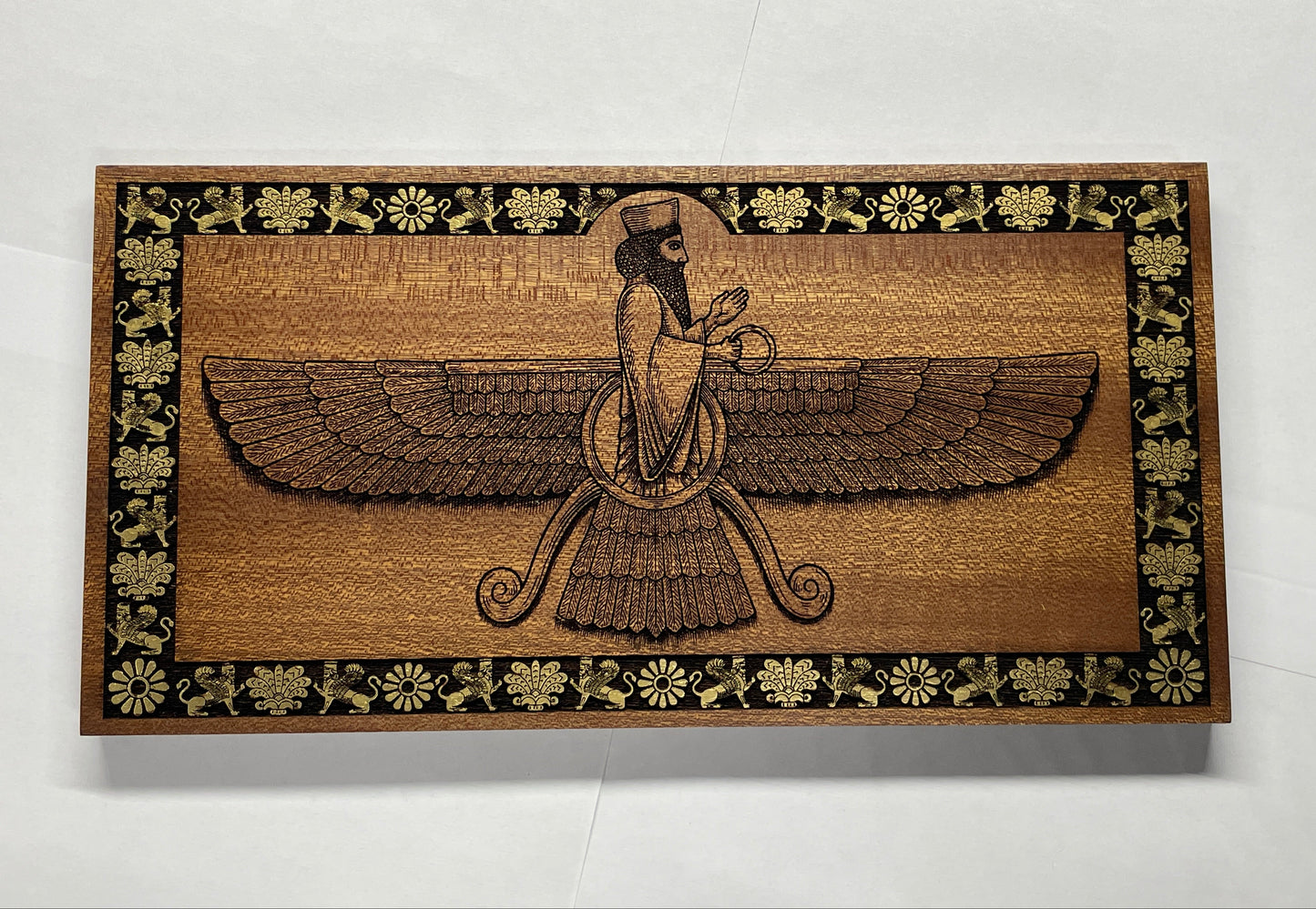 Ahura Mazda Faravahar wall art engraved in solid mahogany wood, Zoroastrian Persian symbol with hand painted details, handmade spiritual wall art
