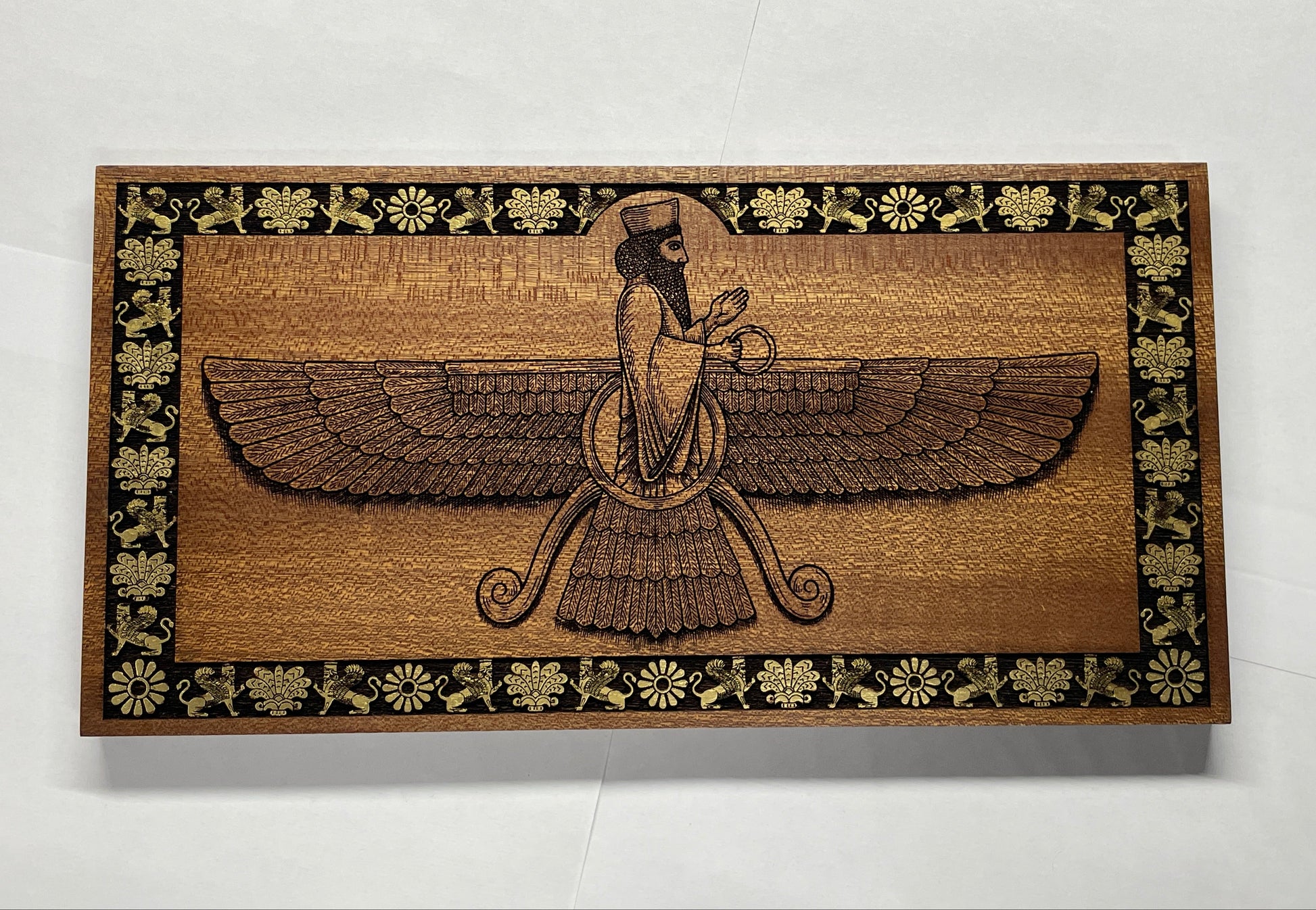 Ahura Mazda Faravahar wall art engraved in solid mahogany wood, Zoroastrian Persian symbol with hand painted details, handmade spiritual wall art
