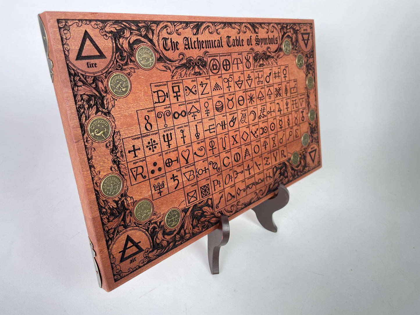 Luxury alchemy symbols board engraved on mahogany wood with zodiac coins handmade in Netherlands ships to USA
