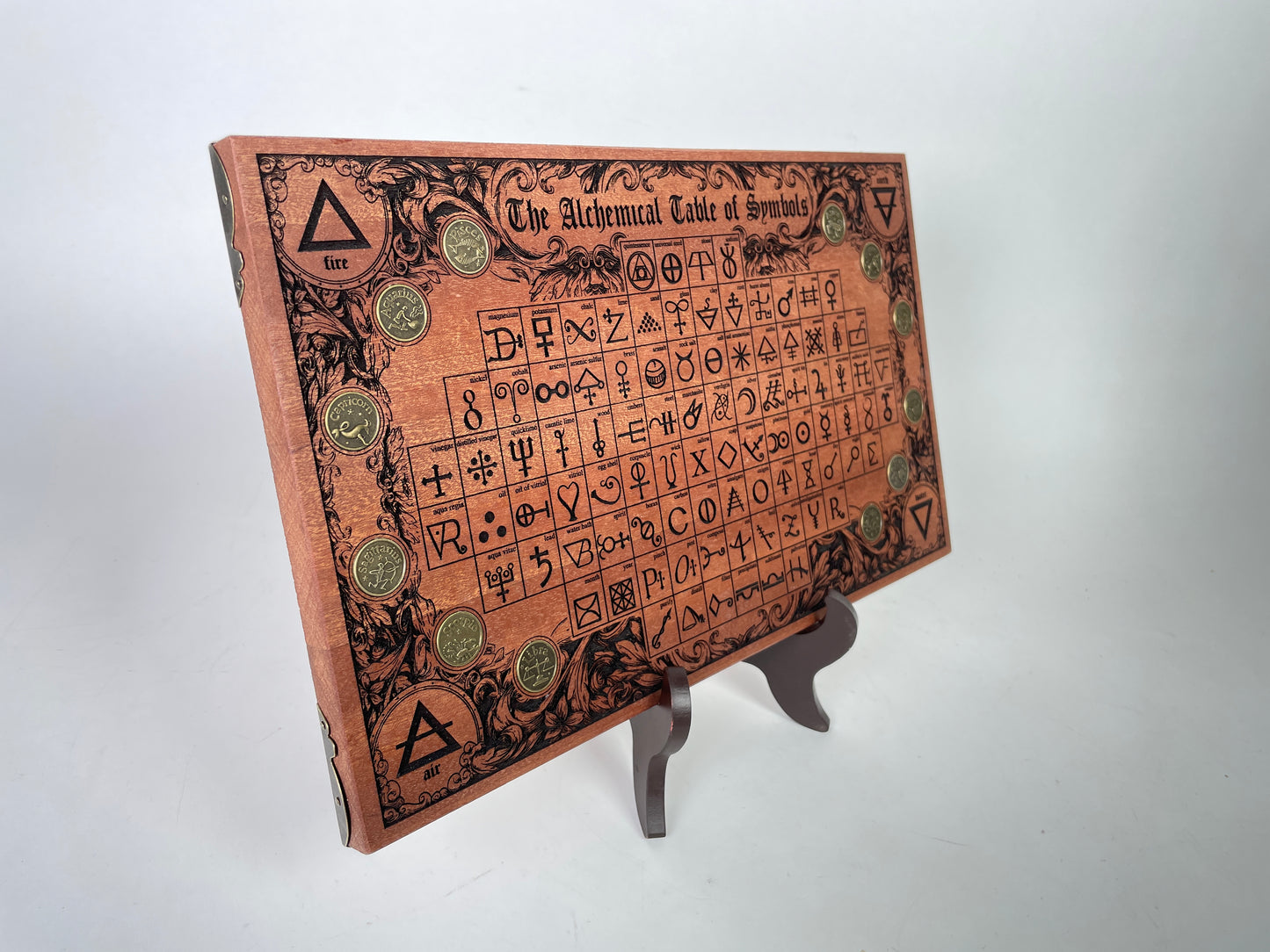 Occult alchemy decor board with zodiac coin symbols displayed on altar
