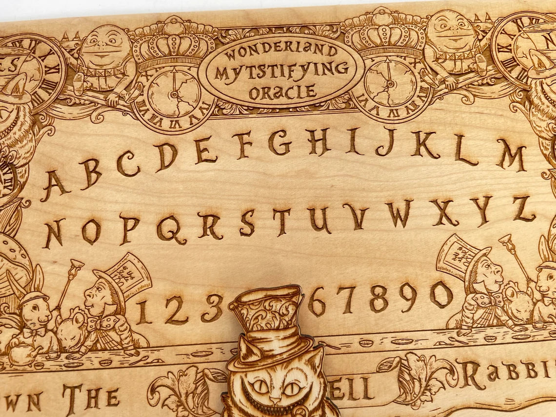 Side view of engraved wooden Wonderland Ouija board showing  wood grain
