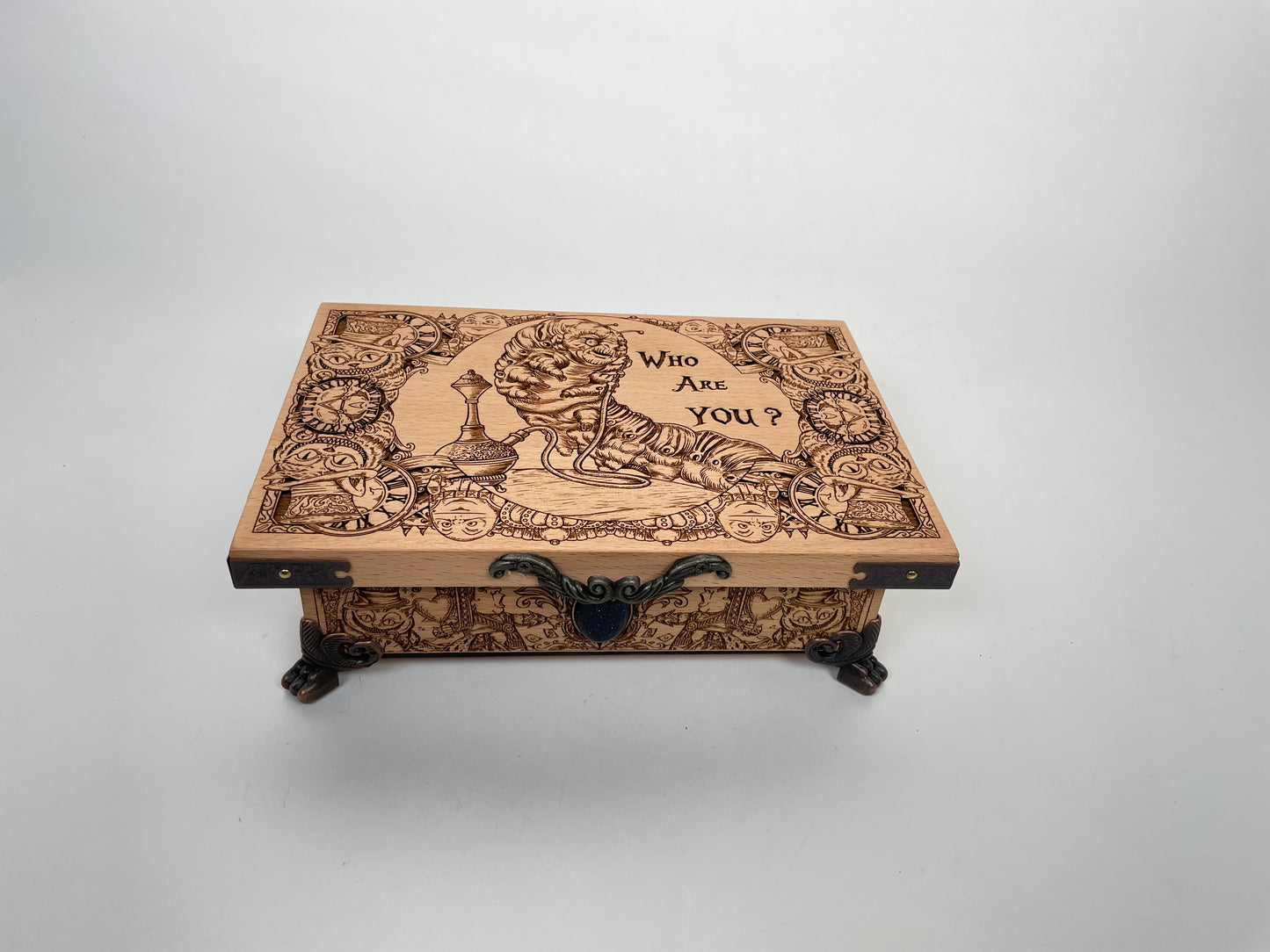 Alice in Wonderland wooden keepsake box engraved with Who are you and Wonderland motifs handmade in Netherlands ships to USA

