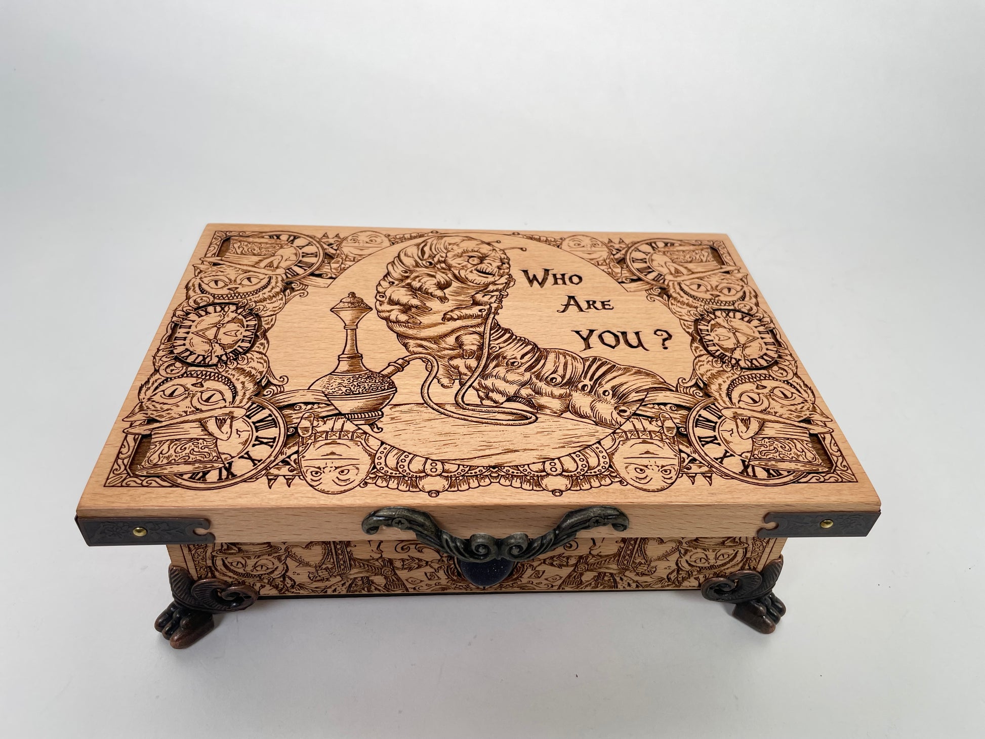Wooden box with engraved design and 'Who Are You?' Alice in wonderland