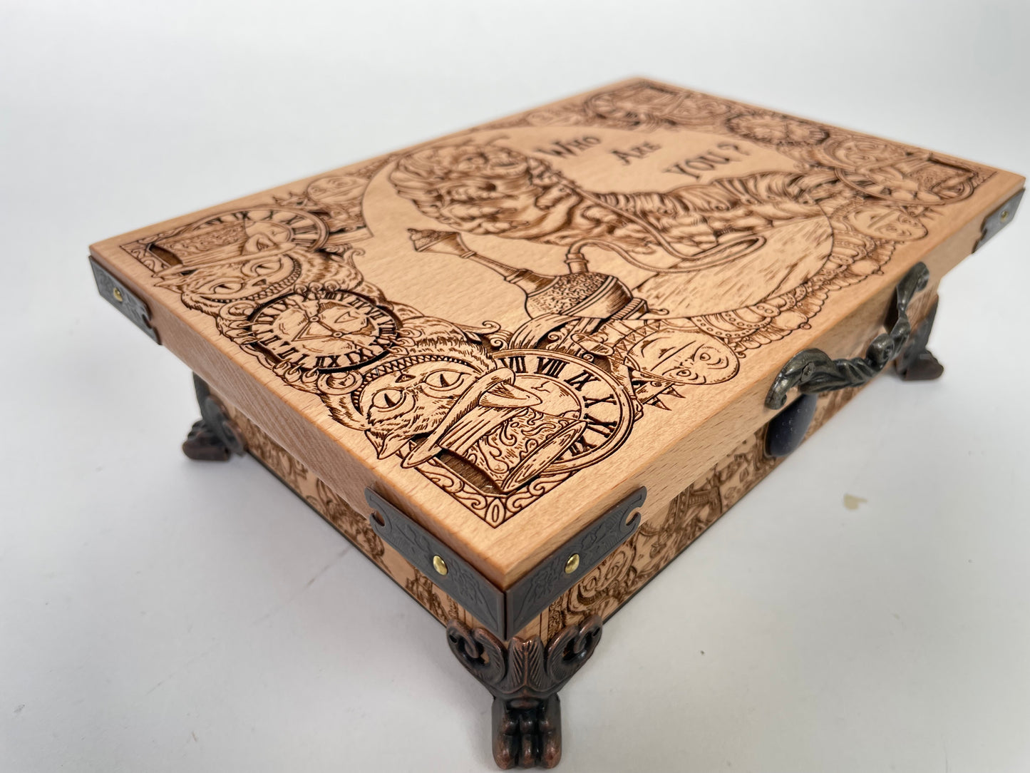 Wooden box with intricate carvings of Alice in wonderland theme gift idea
