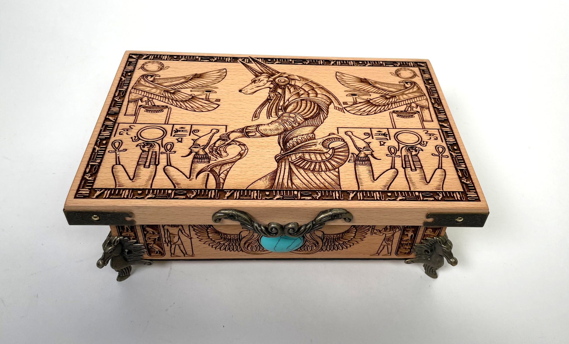 Egyptian tarot box with Anubis engraved on solid wood, handmade tarot deck storage chest with hieroglyphic artwork
