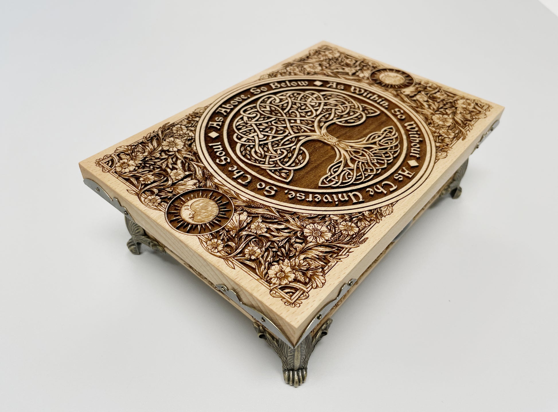 Solid wood Tree of Life tarot and crystal storage box displayed as spiritual décor
