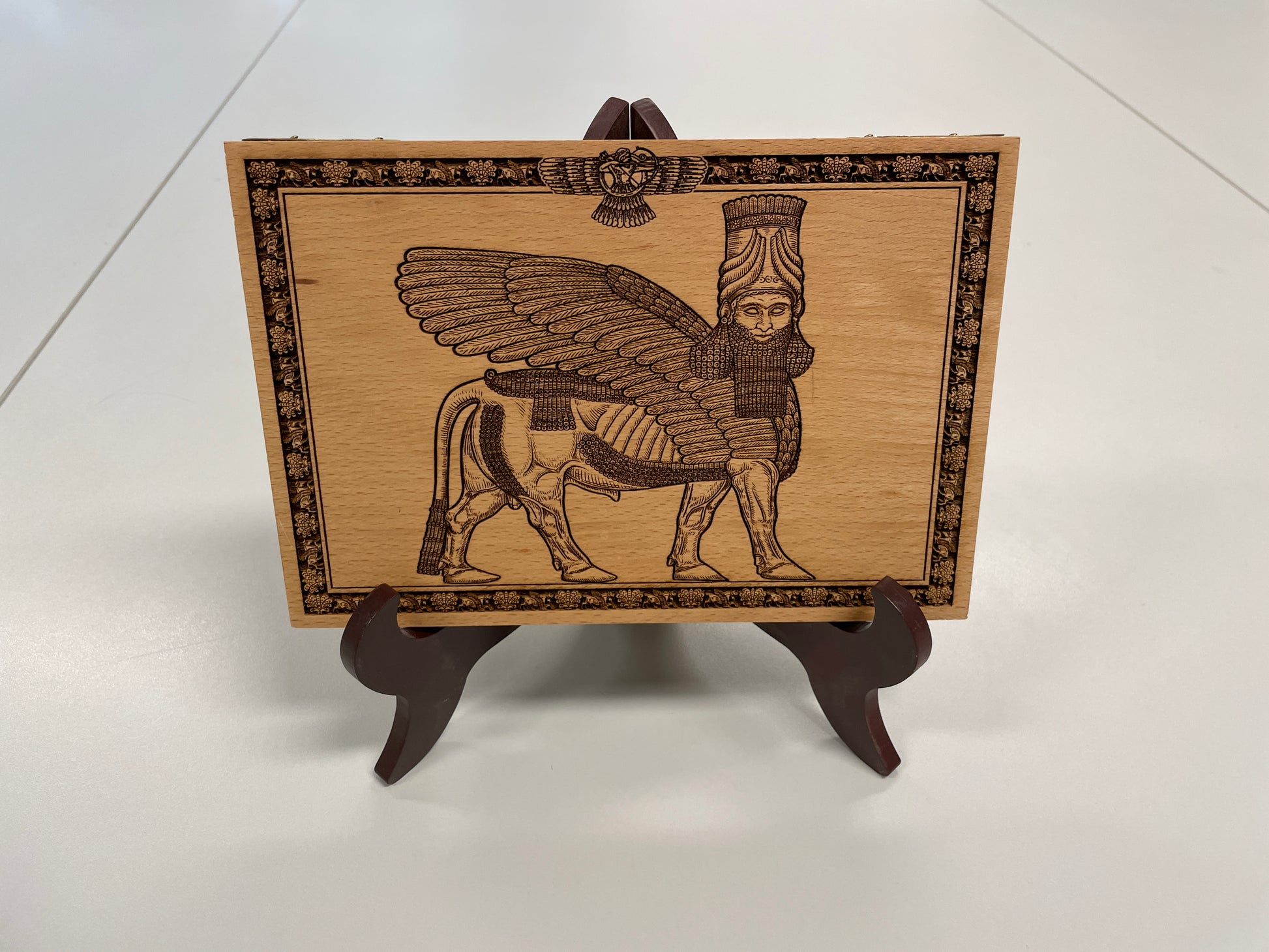 Anunnaki Lamassu wall decor engraved in solid beech wood ancient Assyrian winged guardian by forgotten Engravings