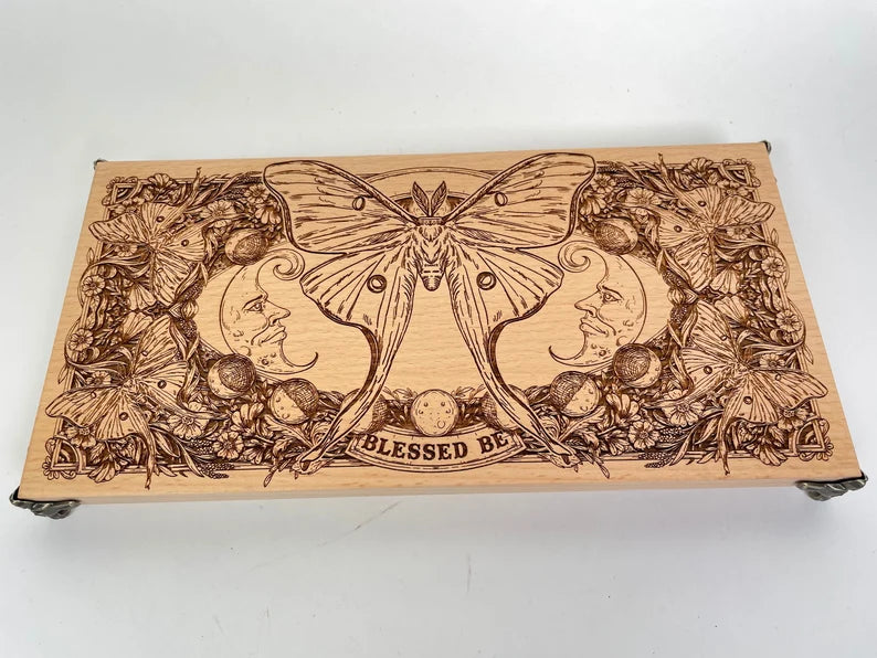 Luna Moth Wiccan altar table engraved with moon phases and Blessed Be handmade in Netherlands ships to USA
