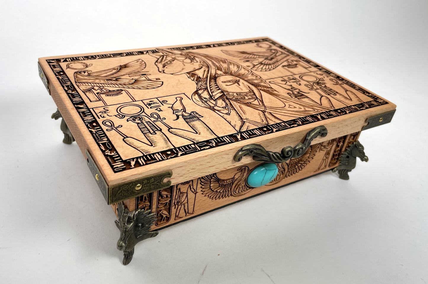 Egyptian altar table with storage engraved solid wood with Bastet and hieroglyphs handmade Netherlands ships to USA
