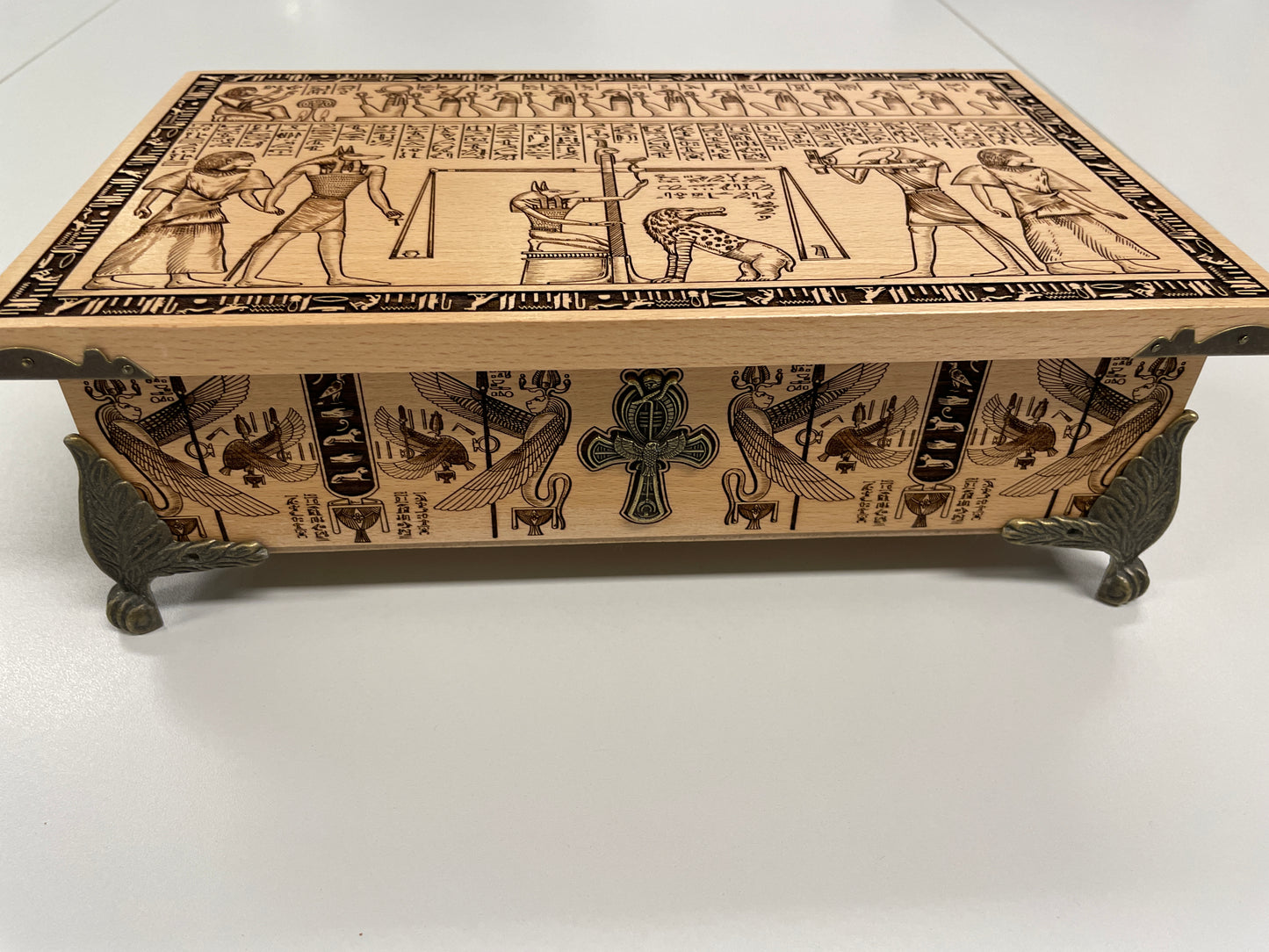 Egyptian tarot box engraved with Book of the Dead scene and Anubis guardian on solid wood handmade Netherlands ships to USA
