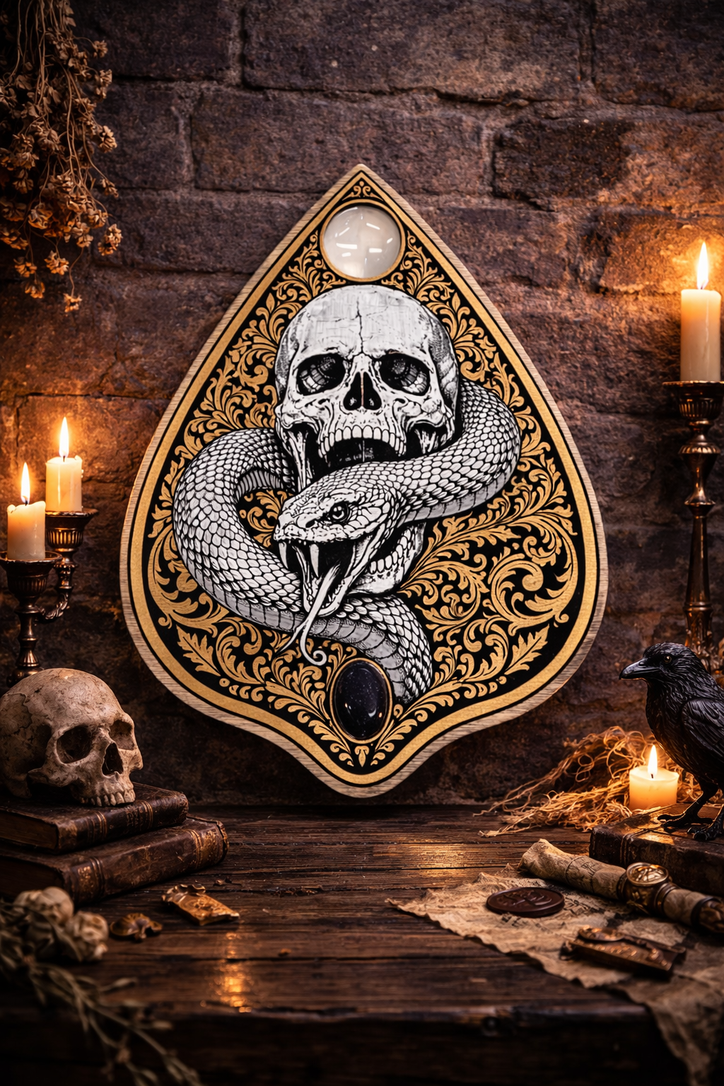 Gothic Skull and Snake Ouija Board Planchette Wall Art – Hand Painted Spirit Board Decor with Glass Lens - Forgotten Engravings