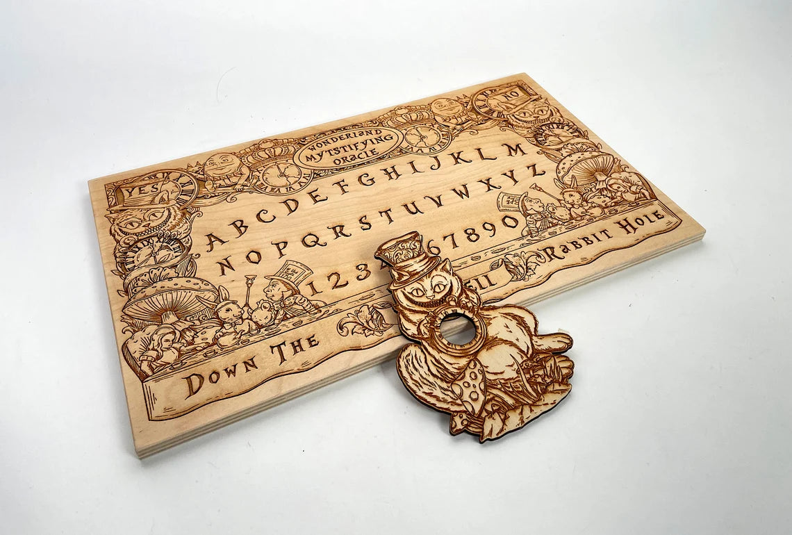 Alice in Wonderland Ouija board engraved on wood with whimsical Wonderland characters and symbols handmade Netherlands ships to USA
