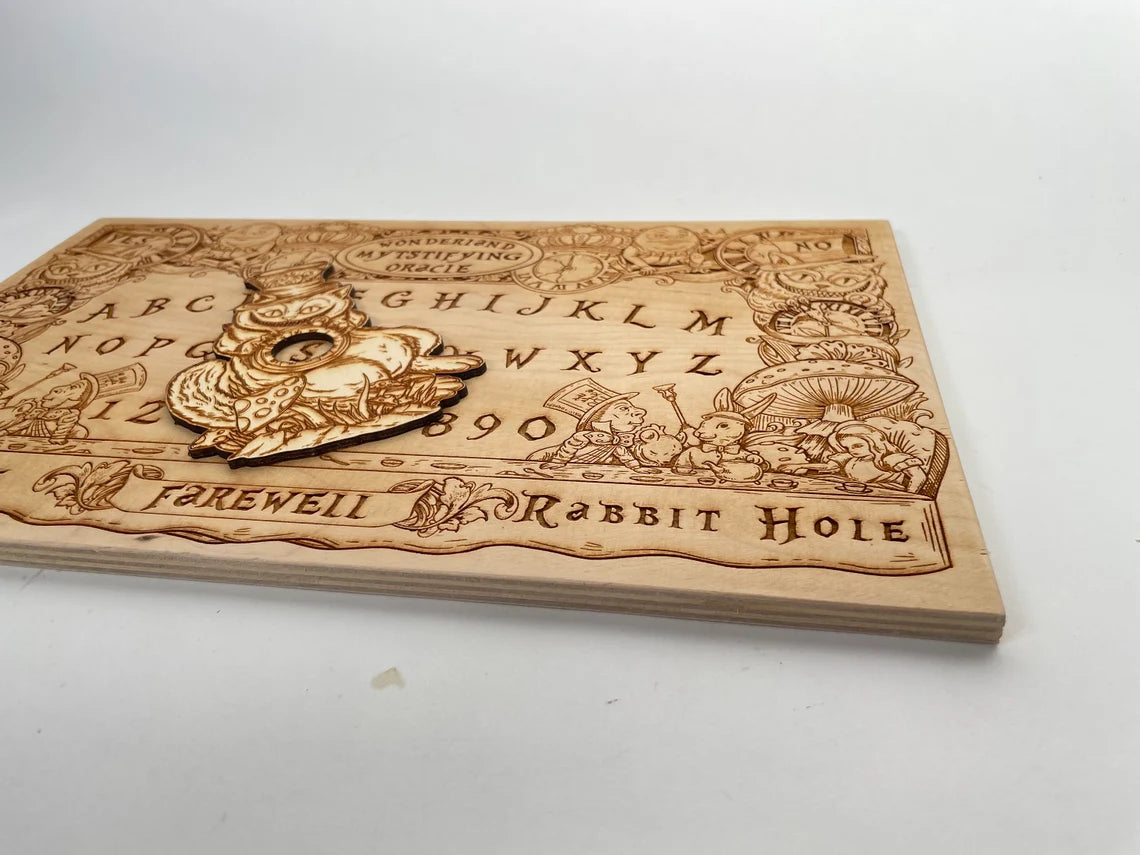 Ouija board with Alice in Wonderland theme, spirit board made of wood for Alice in wonderland fans. - Forgotten Engravings