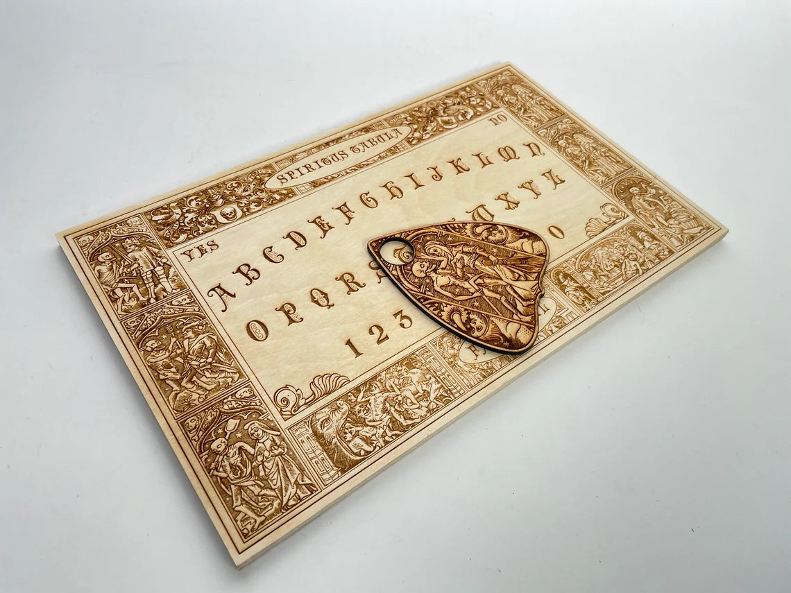 Medieval woodcut Ouija board engraved wood with planchette inspired by Holbein’s Dance of Death
