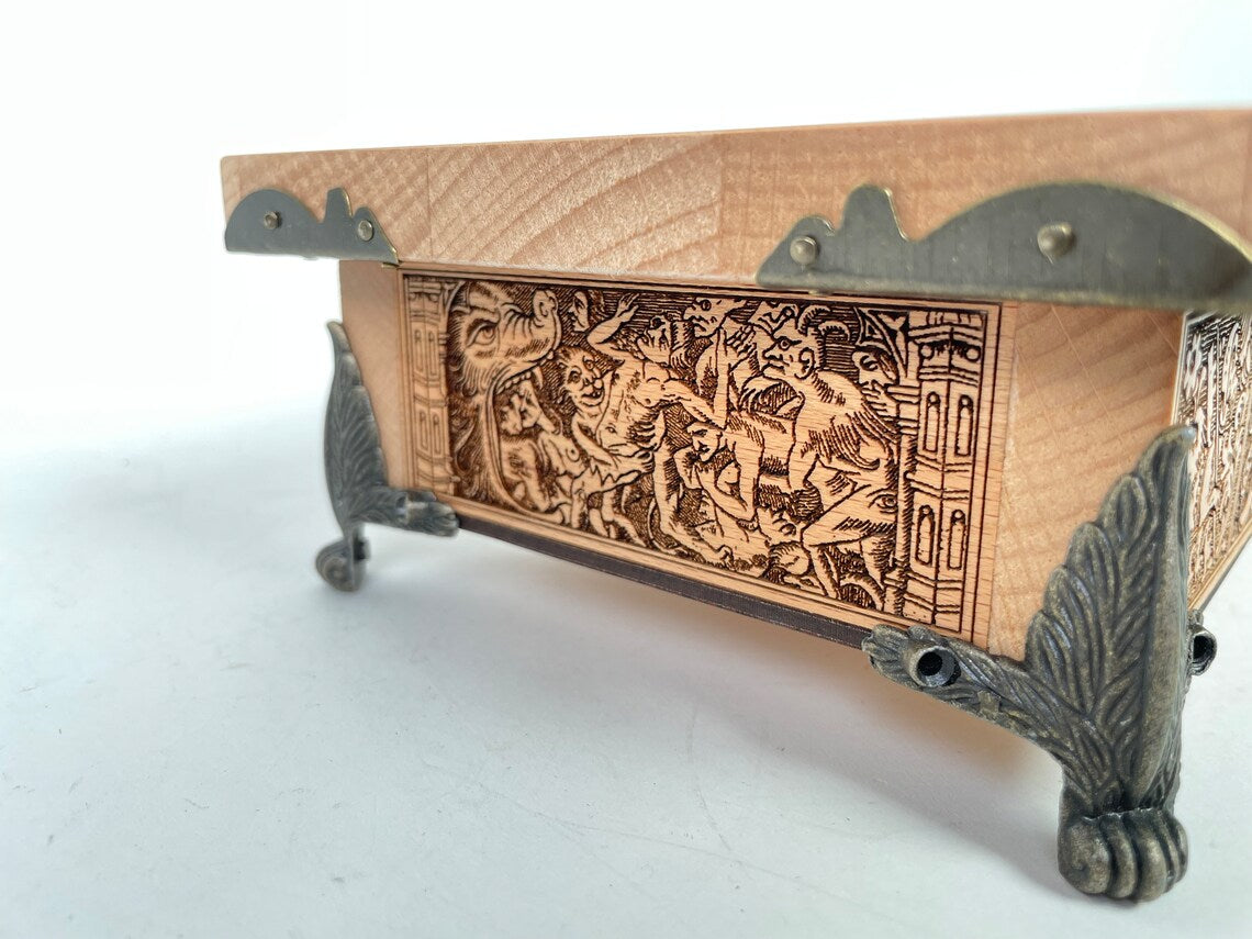 Medieval Dance of Death engraving inspired by Hans Holbein on wooden jewelry box
