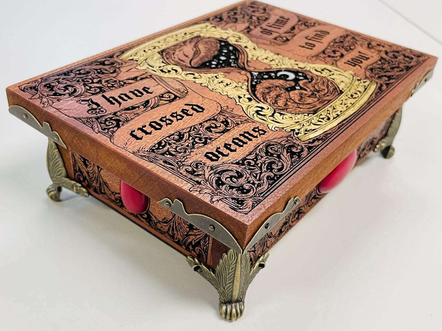 Dracula jewelry box engraved solid mahogany with quote I have crossed oceans of time to find you
