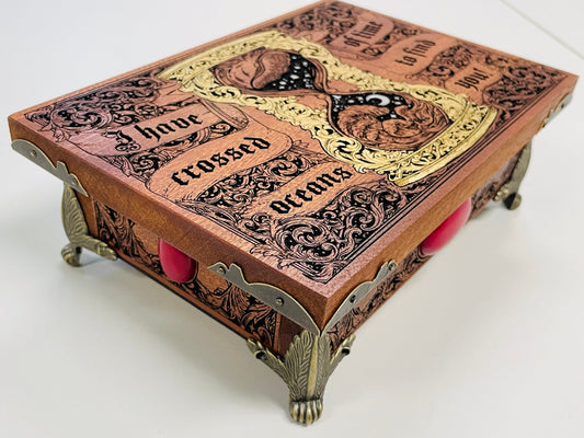 Dracula jewelry box engraved solid mahogany with quote I have crossed oceans of time to find you
