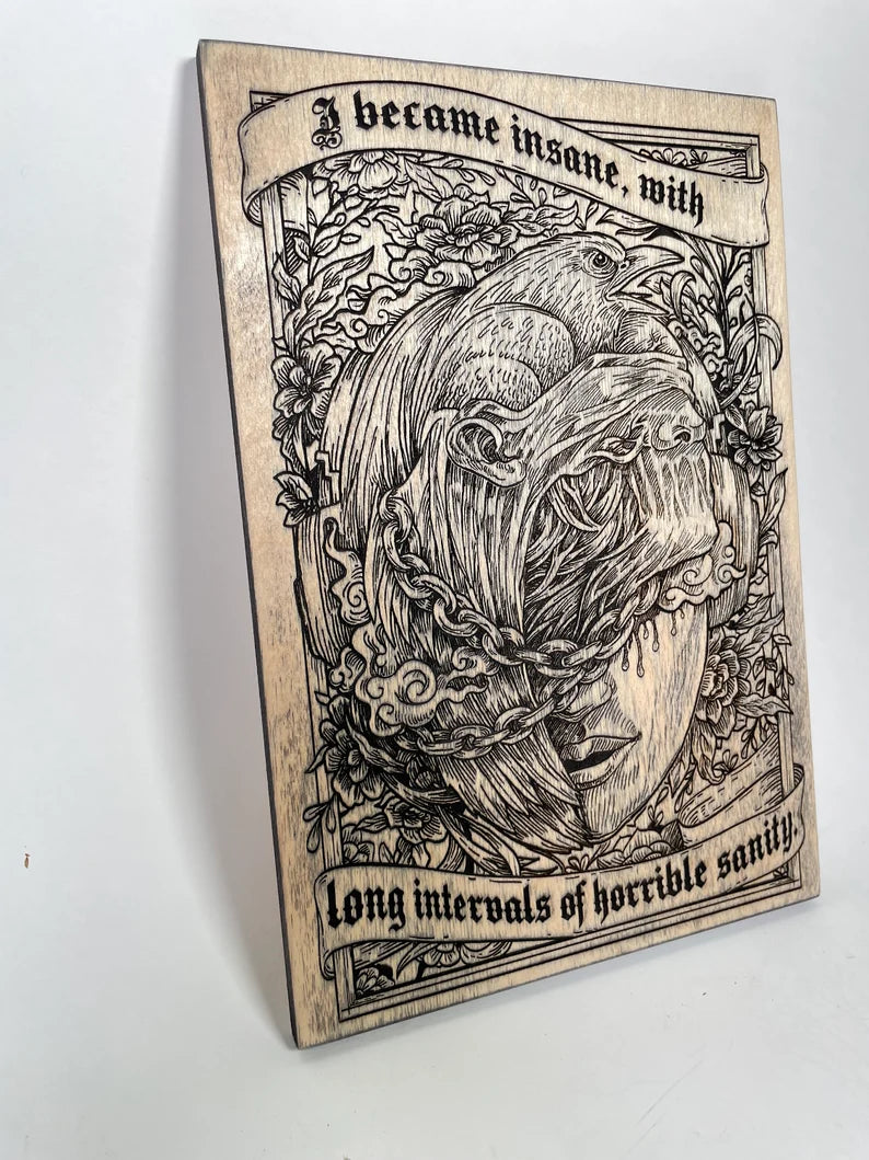 Handmade wood wall art featuring iconic Edgar Allan Poe quote and gothic design