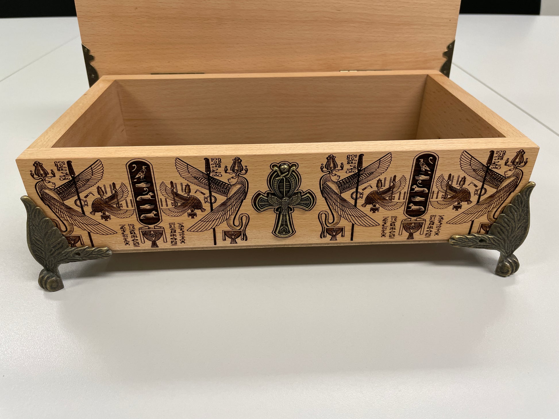 Interior of Egyptian tarot storage box for cards crystals jewelry and sacred tools
