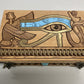 Eye of Horus tarot card storage box made of engraved wood, Egyptian altar chest with winged Horus design and turquoise stone accent