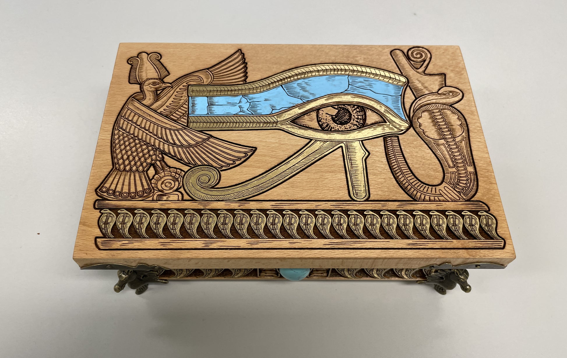 Eye of Horus tarot card storage box made of engraved wood, Egyptian altar chest with winged Horus design and turquoise stone accent