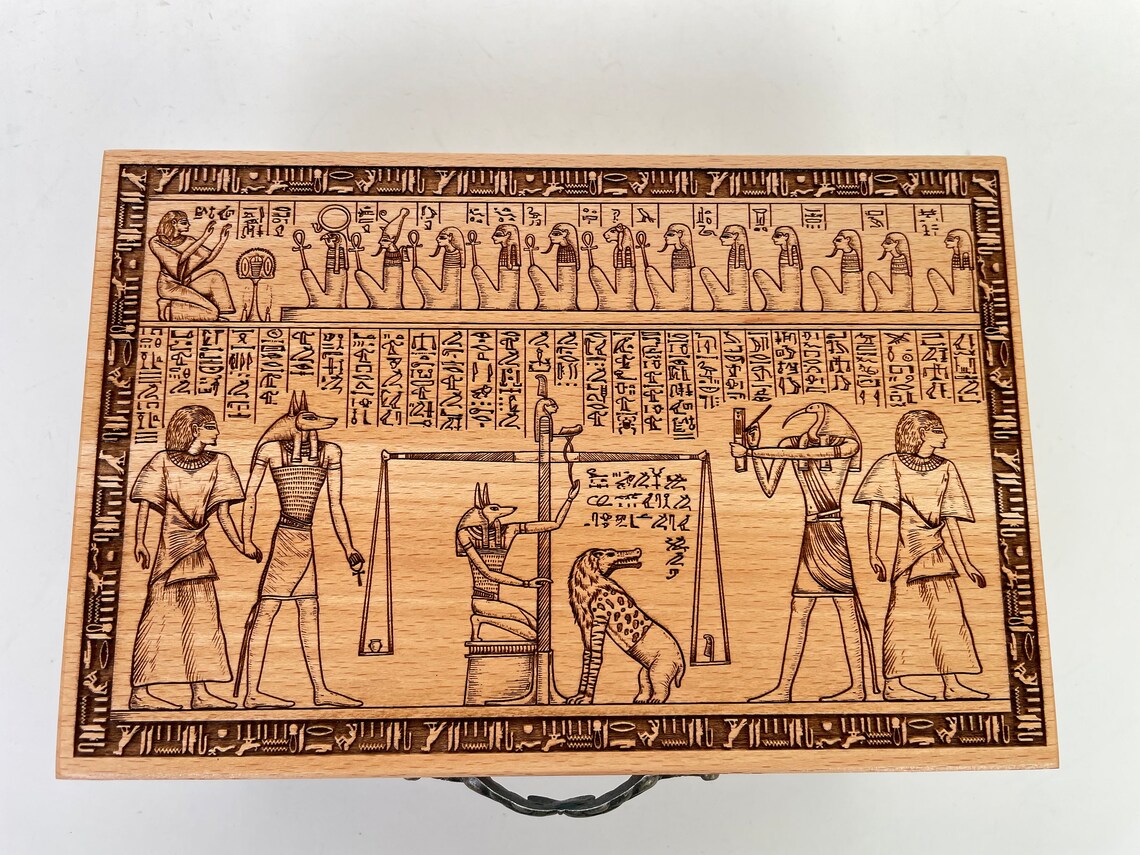 Egyptian Tarot box wood engraved with weighing of the heart and hieroglyphs deck holder in solid wood, Egyptian art wooden tarot storage box. - Forgotten Engravings
