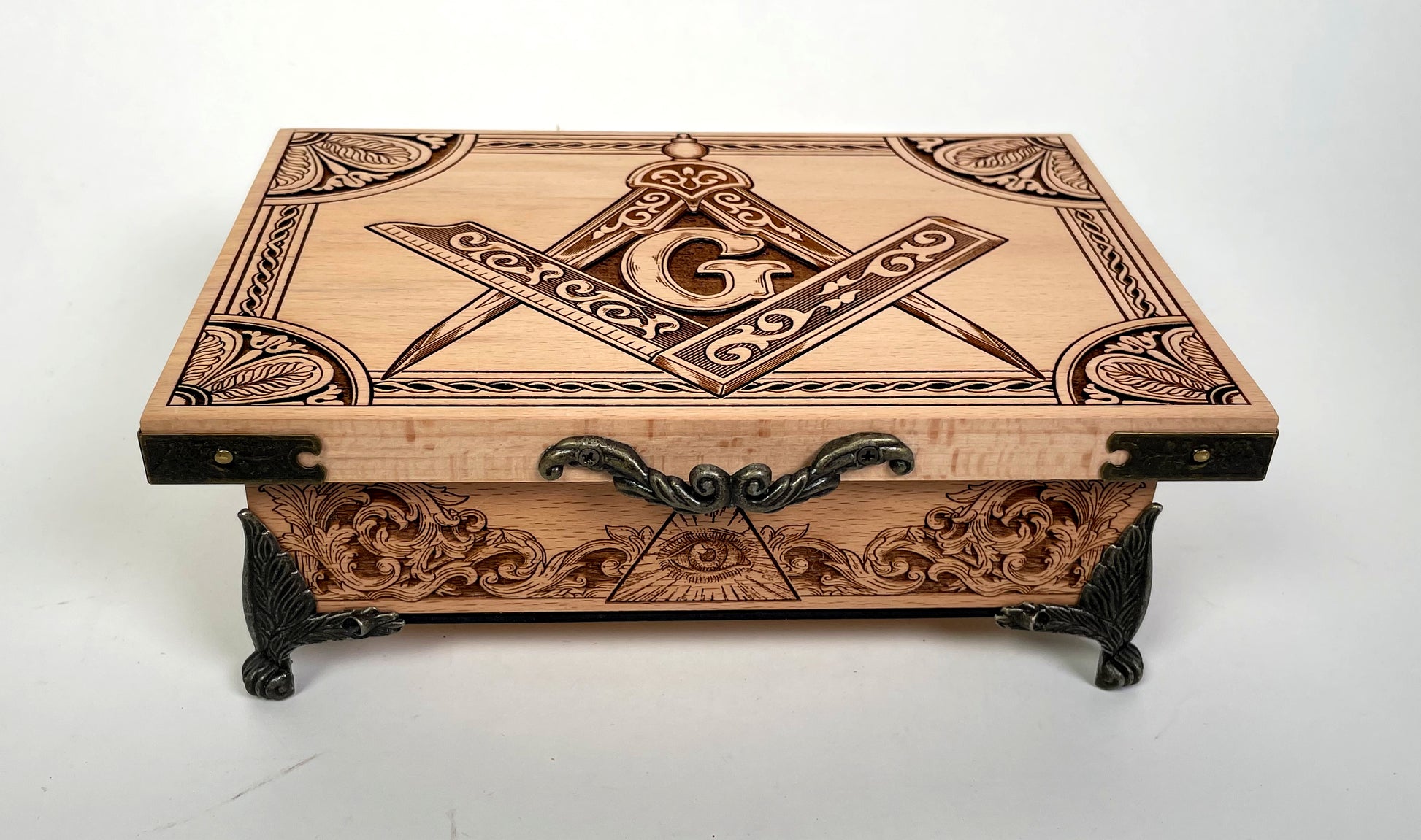 Freemason tarot deck box engraved solid wood with Masonic compass and square symbols

