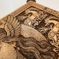 Close up details  of Freya Norse goddess engraving on wooden altar table

